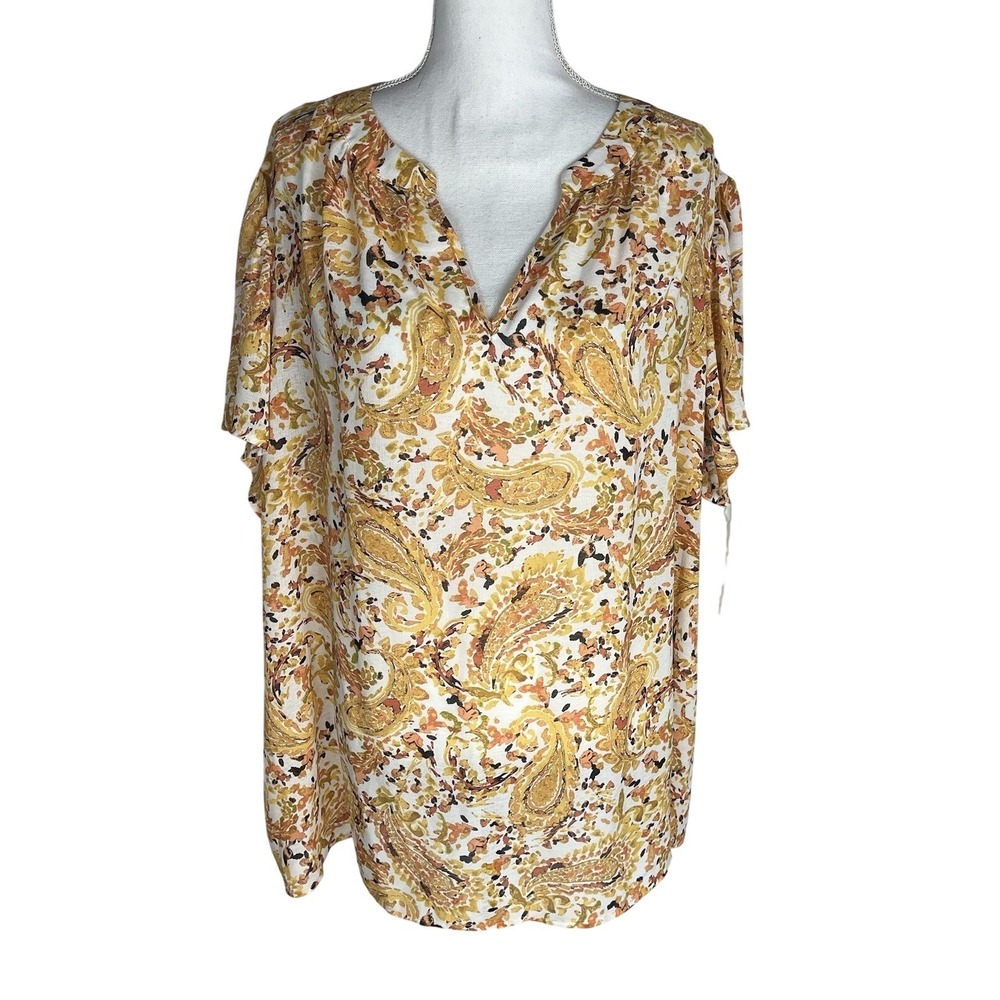 KASPER Women's PLUS SIZE 3X Orange PAISLEY PRINTED FLUTTER SHORT SLEEVE New